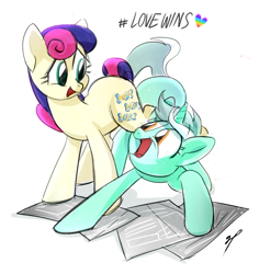 Size: 812x859 | Tagged: safe, artist:mymguru, imported from derpibooru, bon bon, lyra heartstrings, sweetie drops, earth pony, pony, unicorn, duo, duo female, female, heart, horn, lesbian, looking at each other, looking at someone, lovewins, lyrabon, mare, open mouth, paper, shipping, simple background, white background