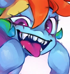 Size: 1935x2048 | Tagged: safe, artist:haichiroo, imported from derpibooru, rainbow dash, pony, female, human teeth, looking at you, mare, open mouth, sharp teeth, simple background, solo, teeth, tongue out, white background