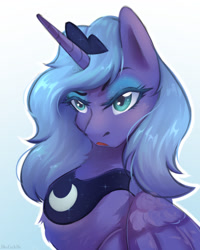 Size: 1024x1280 | Tagged: safe, artist:blueomlette, imported from derpibooru, princess luna, alicorn, pony, angry, bust, chest fluff, female, gradient background, horn, jewelry, mare, peytral, s1 luna, solo, tiara, wings