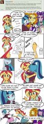 Size: 750x2100 | Tagged: safe, artist:burning-heart-brony, imported from derpibooru, adagio dazzle, aria blaze, sonata dusk, sunset shimmer, human, equestria girls, 2016, ask, comic, female, gem, hug, phone, siren gem, speech bubble, the dazzlings