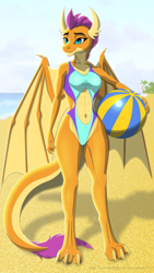 Size: 720x1280 | Tagged: safe, artist:leopon276, imported from derpibooru, smolder, anthro, digitigrade anthro, dragon, bare shoulders, barefoot, beach, beach ball, belly button, breasts, clothes, dragoness, feet, female, hips, lizard breasts, midriff, navel cutout, one-piece swimsuit, swimsuit, thighs, toned, toned female, wings