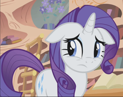 Size: 872x687 | Tagged: safe, imported from derpibooru, screencap, rarity, pony, unicorn, look before you sleep, season 1, cropped, cute, female, floppy ears, golden oaks library, mare, nervous, raribetes, solo, worried