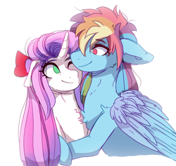 Size: 714x676 | Tagged: safe, artist:aaa-its-spook, imported from derpibooru, rainbow dash, sweetie belle, pegasus, pony, unicorn, bow, chest fluff, duo, female, hair bow, hug, lesbian, looking at each other, looking at someone, mare, no pupils, older, older sweetie belle, one eye closed, shipping, simple background, smiling, sweetiedash, white background
