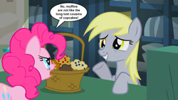 Size: 1128x635 | Tagged: safe, artist:silverbuller, edit, edited screencap, imported from derpibooru, screencap, derpy hooves, pinkie pie, earth pony, pegasus, pony, season 5, slice of life (episode), basket, comic, duo, female, food, grin, mare, muffin, post office, screencap comic, smiling, speech bubble