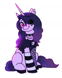 Size: 1306x1629 | Tagged: safe, artist:catmintyt, imported from derpibooru, izzy moonbow, pony, unicorn, choker, clothes, ear piercing, eye clipping through hair, female, g5, goth, goth izzy, jewelry, mare, necklace, piercing, simple background, sitting, skull, smiling, socks, solo, spiked choker, torn clothes, white background