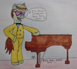 Size: 3162x2848 | Tagged: safe, artist:rapidsnap, imported from derpibooru, pony, atg 2022, bipedal, clothes, elton john, glasses, hat, heart shaped glasses, musical instrument, newbie artist training grounds, piano, ponified, singing, solo, standing, suit, sunglasses, traditional art