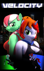 Size: 2160x3464 | Tagged: safe, artist:dangerousdpad, imported from derpibooru, oc, oc only, oc:pepper, oc:sugar surge, anthro, plantigrade anthro, unicorn, 3d, city, cityscape, duo, movie poster, source filmmaker