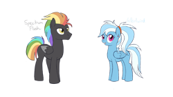 Size: 2359x1326 | Tagged: safe, artist:alicemaple, edit, imported from derpibooru, oc, oc only, oc:spectrum flash, oc:whirlwind (alicemaple), pegasus, pony, braces, brother and sister, cropped, duo, ear piercing, earring, female, jewelry, male, mare, multicolored hair, offspring, parent:rainbow dash, parent:thunderlane, parents:thunderdash, piercing, rainbow hair, siblings, simple background, stallion, transparent background