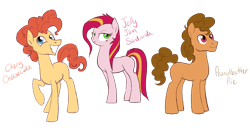 Size: 2303x1182 | Tagged: safe, artist:alicemaple, edit, imported from derpibooru, oc, oc only, oc:cherry cheesecake, oc:jelly jam sandwich, oc:peanutbutter pie, earth pony, pony, brother and sister, cropped, female, frown, grin, male, mare, offspring, parent:cheese sandwich, parent:pinkie pie, parents:cheesepie, siblings, simple background, smiling, stallion, transparent background, trio