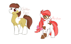Size: 1798x1132 | Tagged: safe, artist:alicemaple, edit, imported from derpibooru, oc, oc only, oc:golden pippin, oc:meridien, earth pony, pony, bow, brother and sister, coat markings, cropped, duo, female, hair bow, male, mare, offspring, parent:apple bloom, parent:pipsqueak, parents:pipbloom, pinto, siblings, simple background, socks (coat markings), stallion, transparent background