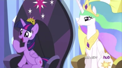 Size: 1334x750 | Tagged: safe, imported from derpibooru, screencap, princess celestia, twilight sparkle, alicorn, equestria games (episode), crown, height difference, hub logo, jewelry, logo, physique difference, regalia, slim, the hub, thin, twilight sparkle (alicorn)