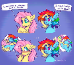 Size: 3954x3500 | Tagged: safe, artist:yumkandie, imported from derpibooru, fluttershy, rainbow dash, pegasus, pony, ..., biting, blushing, drool, duo, ear piercing, earring, female, flutterdash, freckles, imagine spot, jewelry, kissing, lesbian, looking at each other, looking at someone, meme, nose piercing, piercing, shipping, thought bubble, wingding eyes