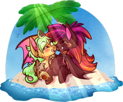 Size: 878x731 | Tagged: safe, artist:velnyx, imported from derpibooru, oc, oc only, bat pony, pony, crepuscular rays, female, island, lying down, mare, ocean, palm tree, prone, simple background, transparent background, tree, water