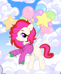 Size: 3300x4032 | Tagged: safe, artist:vi45, imported from derpibooru, oc, oc:merry, earth pony, pony, balloon, clothes, cloud, cute, earth pony oc, female, freckles, heart balloon, hoodie, looking at you, mare, ocbetes, smiling, solo