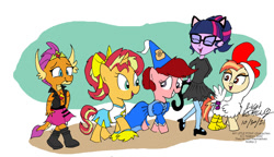 Size: 900x518 | Tagged: safe, artist:newportmuse, imported from derpibooru, sci-twi, shimmy shake, smolder, sunset shimmer, twilight sparkle, oc, oc:cinnamon toast, bird, chicken, dragon, earth pony, human, pony, unicorn, equestria girls, cat ears, cheerleader, cheerleader outfit, clothes, clothes swap, costume, cute, dragoness, drawing, female, halloween, halloween costume, hanging out, happy, hat, hennin, holiday, medieval, nightmare night, princess, shimmerbetes, smiling, smolderbetes