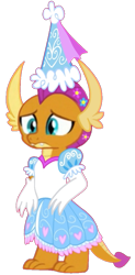 Size: 525x1064 | Tagged: safe, artist:darlycatmake, edit, imported from derpibooru, smolder, dragon, clothes, concerned, confused, dragoness, dress, female, flower, flower in hair, froufrou glittery lacy outfit, gloves, hat, hennin, long gloves, princess, princess smolder, sad, simple background, solo, transparent background, upset, worried