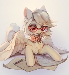 Size: 1976x2154 | Tagged: safe, artist:myscherri, imported from derpibooru, oc, oc only, oc:silver beam, pegasus, pony, bowtie, chest fluff, commission, drawing, female, glasses, lying down, mare, mouth hold, paper, pegasus oc, pencil, prone, solo, spread wings, wings