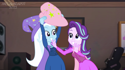 Size: 8000x4500 | Tagged: safe, artist:metalhead97, imported from derpibooru, starlight glimmer, trixie, human, equestria girls, equestria girls series, backstage, cape, clothes, commission, cute, dress, duo, fall formal outfits, female, hat, hatless, holding, looking at each other, matching outfits, missing accessory, shipping, show accurate, smiling, smiling at each other, startrix, trixie's cape, trixie's hat