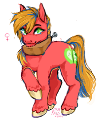 Size: 499x560 | Tagged: safe, artist:moshpaws, edit, imported from twibooru, big macintosh, earth pony, pony, colored hooves, female, female symbol, image, looking at you, mare, png, raised hoof, rule 63, simple background, smiling, solo, standing, unshorn fetlocks, white background