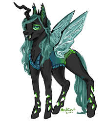 Size: 573x666 | Tagged: safe, artist:moshpaws, edit, imported from twibooru, queen chrysalis, changeling, changeling queen, female, image, looking at you, open mouth, png, sharp teeth, simple background, solo, standing, teeth, white background