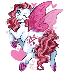 Size: 1280x1365 | Tagged: safe, artist:moshpaws, imported from twibooru, pegasus, pony, always and forever, butterfly wings, colored hooves, female, floating heart, flying, g3, heart, image, looking at you, looking back, looking back at you, mare, needs more jpeg, open mouth, open smile, race swap, simple background, smiling, smiling at you, solo, underhoof, white background, wings