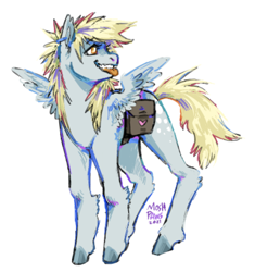 Size: 1280x1363 | Tagged: safe, artist:moshpaws, edit, imported from twibooru, derpy hooves, pegasus, pony, bag, colored hooves, ear piercing, earring, female, heart, image, jewelry, mare, piercing, png, saddle bag, simple background, small wings, solo, standing, tongue out, white background, wings