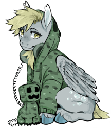 Size: 1280x1480 | Tagged: safe, artist:moshpaws, imported from twibooru, derpy hooves, pegasus, pony, closed wing, clothes, colored hooves, crossover, female, headphones, hoodie, image, looking at you, mare, minecraft, png, simple background, sitting, solo, unshorn fetlocks, white background