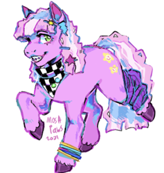 Size: 1280x1348 | Tagged: safe, artist:moshpaws, imported from twibooru, cheerilee, earth pony, pony, accessories, alternate design, bandana, bracelet, braces, colored hooves, ear piercing, earring, female, hairclip, image, jewelry, leg warmers, mare, piercing, png, simple background, smiling, solo, unshorn fetlocks, white background, younger