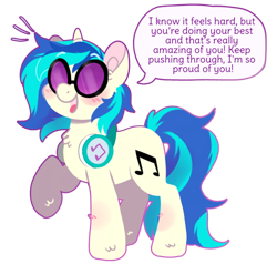 Size: 500x475 | Tagged: safe, artist:bubaiuv, imported from twibooru, dj pon-3, vinyl scratch, pony, unicorn, blushing, female, headphones, image, mare, open mouth, png, positive ponies, raised hoof, simple background, solo, speech bubble, standing, talking, talking to viewer, text, transparent background, vinyl's glasses