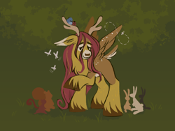 Size: 1280x960 | Tagged: safe, artist:motionwaltz, imported from twibooru, fluttershy, bird, butterfly, deer, deer pony, hybrid, insect, original species, pegasus, pony, rabbit, squirrel, animal, colored hooves, deer tail, female, forest background, horns, image, png, raised hoof, smiling, solo, standing, unshorn fetlocks