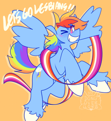 Size: 500x548 | Tagged: safe, artist:makanioverlord, imported from twibooru, rainbow dash, pegasus, pony, colored hooves, female, image, lesbian, lesbian pride flag, mare, one eye closed, orange background, png, pride, pride flag, simple background, smiling, solo, spread wings, wings