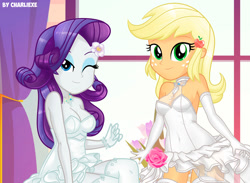 Size: 1049x768 | Tagged: safe, artist:charliexe, imported from derpibooru, applejack, rarity, human, equestria girls, alternate hairstyle, bare shoulders, beautiful, bride, clothes, cute, dress, evening gloves, female, freckles, gloves, jackabetes, lesbian, long gloves, looking at you, marriage, one eye closed, rarijack, shipping, sleeveless, smiling, smiling at you, socks, solo, stockings, thigh highs, wedding, wedding dress, wink, winking at you