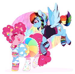 Size: 500x491 | Tagged: safe, artist:bubaiuv, edit, imported from twibooru, pinkie pie, rainbow dash, earth pony, pegasus, pony, accessories, alternate hairstyle, bow, bracelet, candy, clothes, collar, colored hooves, dyed feathers, dyed mane, dyed tail, ear piercing, eyes closed, eyeshadow, female, fishnets, flying, food, hair bow, hairclip, image, jacket, jewelry, laughing, makeup, mare, necklace, open mouth, piercing, pigtails, png, punk, raised hoof, simple background, skirt, smiling, socks, spiked collar, spiked wristband, standing, striped socks, transparent background, unshorn fetlocks, wristband