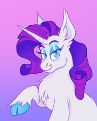 Size: 950x1188 | Tagged: safe, artist:motionwaltz, edit, editor:edits of hate, imported from twibooru, rarity, pony, unicorn, chest fluff, cloven hooves, colored hooves, ear fluff, eyes closed, female, gradient background, image, looking at you, mare, png, smiling, smiling at you, solo, unshorn fetlocks