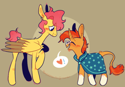 Size: 1280x895 | Tagged: safe, artist:knightbug, edit, imported from twibooru, fluttershy, sunburst, pegasus, pony, unicorn, blushing, butterscotch, clothes, couple, eyes closed, female, flutterburst, gay, glasses, heart, height difference, image, leonine tail, male, png, raised hoof, robe, rule 63, shipping, short hair, socks (coat marking), speech bubble, stallion, standing, straight, sunburst's robe