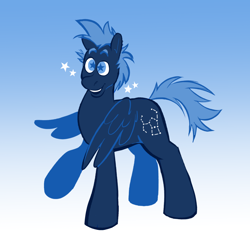 Size: 1280x1280 | Tagged: safe, artist:motionwaltz, imported from twibooru, star hunter, pegasus, pony, blue background, gradient background, image, male, png, raised hoof, simple background, smiling, solo, stallion, standing, starry eyes, stars, wingding eyes, wings