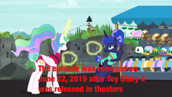 Size: 1280x720 | Tagged: safe, edit, edited screencap, imported from derpibooru, screencap, princess celestia, princess luna, between dark and dawn, season 9, spoiler:s09, alternate hairstyle, butt, clothes, female, leotard, luna is not amused, plushie, ponytail, royal sisters, siblings, sisters, teddy bear, toy story, toy story 4, unamused, zipline