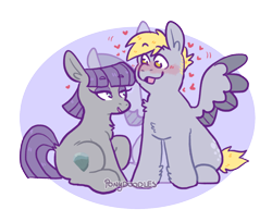 Size: 1280x1046 | Tagged: safe, artist:knightbug, edit, imported from twibooru, derpy hooves, maud pie, earth pony, pegasus, pony, blushing, couple, derpmaud, dopey hooves, female, floating heart, heart, image, looking at each other, male, mare, open mouth, png, purple background, rule 63, shipping, simple background, sitting, spread wings, stallion, straight, transparent background, wings