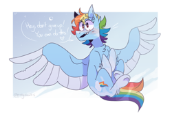 Size: 500x339 | Tagged: safe, artist:ponydoodles, imported from twibooru, rainbow dash, pegasus, pony, alternate design, chest fluff, coat markings, colored wings, female, flying, image, mare, png, positive ponies, sky, sky background, solo, talking to viewer, text, wings