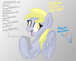 Size: 1809x1470 | Tagged: safe, artist:notadeliciouspotato, imported from derpibooru, derpy hooves, rainbow dash, pegasus, pony, atg 2022, bust, dialogue, female, game boy, gradient background, mare, newbie artist training grounds