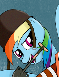 Size: 350x456 | Tagged: safe, artist:truthormare, rainbow dash, pegasus, pony, /mlp/ tf2 general, female, helmet, mare, market gardener, rocket jumper, soldier, solo, team fortress 2, weapon