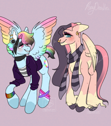 Size: 500x566 | Tagged: safe, artist:ponydoodles, imported from twibooru, fluttershy, rainbow dash, pegasus, pony, alternate cutie mark, alternate design, blushing, bracelet, clothes, coat markings, colored hooves, colored wings, duo, duo female, dyed mane, ear fluff, ear piercing, eyeshadow, female, image, jacket, jewelry, makeup, mare, multicolored wings, nose piercing, nose ring, piercing, png, rainbow wings, raised hoof, scarf, smiling, socks (coat marking), striped scarf, unshorn fetlocks, wings