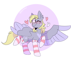 Size: 500x411 | Tagged: safe, artist:ponydoodles, edit, editor:edits of hate, imported from twibooru, derpy hooves, pegasus, pony, blushing, circle background, clothes, colored wings, female, floating heart, heart, heart mark, image, mare, one eye closed, png, simple background, smiling, socks, solo, striped socks, white background, wings