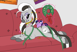 Size: 1805x1227 | Tagged: safe, artist:truthormare, twilight sparkle, oc:matriarch zeg'us, unicorn, zebra, christmas, christmas ornament, christmas wreath, couch, decoration, displeased, duo, female, grin, jewelry, magic, mare, piercing, poster, smiling, squatpony, twiggie