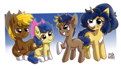 Size: 2952x1684 | Tagged: safe, artist:nyanakaru, imported from ponybooru, oc, oc:acres, oc:flash reboot, earth pony, pony, unicorn, blue background, blue mane, coat markings, colt, cowboy hat, family, family photo, female, filly, foal, happy, hat, lying down, male, raised hoof, raised leg, simple background, sitting, socks (coat marking), two toned mane, yellow mane