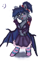 Size: 679x985 | Tagged: artist needed, safe, imported from derpibooru, oc, oc:zephyr star, bat pony, pony, clothes, crossdressing, dress, hooves behind head, lipstick, male, nazi, op is a duck, ponytail, socks, stockings, swastika, thigh highs, uniform