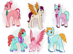 Size: 640x480 | Tagged: safe, artist:nrpony, imported from derpibooru, jazz (g5), earth pony, pegasus, pony, bubblegum, clothes, dahlia, female, flower, flower in hair, food, g5, gum, jewelry, male, mare, my little pony: a new generation, my little pony: tell your tale, necklace, necktie, rocky (g5), scarf, smiling, spread wings, stallion, sweets (g5), toots (g5), unshorn fetlocks, windy (g5), wings