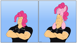 Size: 7798x4395 | Tagged: safe, artist:wapamario63, imported from ponybooru, pinkie pie, earth pony, human, pony, 2 panel comic, brock samson, comic, commission, crossed arms, crossover, cute, female, male, mare, solo, the venture bros.