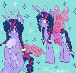 Size: 1280x1245 | Tagged: safe, artist:princesssparlene, imported from twibooru, twilight sparkle, alicorn, pony, braid, braided pigtails, braided tail, butterfly wings, coat markings, ear fluff, green background, image, kinsona, needs more jpeg, simple background, solo, sparkles, unshorn fetlocks, wings