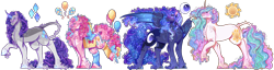 Size: 4678x1200 | Tagged: safe, artist:bunnari, imported from twibooru, pinkie pie, princess celestia, princess luna, rarity, earth pony, pegasus, pony, unicorn, alternate cutie mark, alternate design, bag, balloon, blaze (coat marking), blushing, chest fluff, coat markings, commission, curly hair, curved horn, female, horn, hybrid wings, image, leg warmers, leonine tail, line-up, mare, multicolored hair, pegasus luna, png, race swap, raised hoof, saddle bag, smiling, standing, star (coat marking), unicorn celestia, unshorn fetlocks, wings